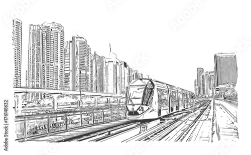 Hand drawn sketch of Tram service in the city of Dubai in vector illustration.