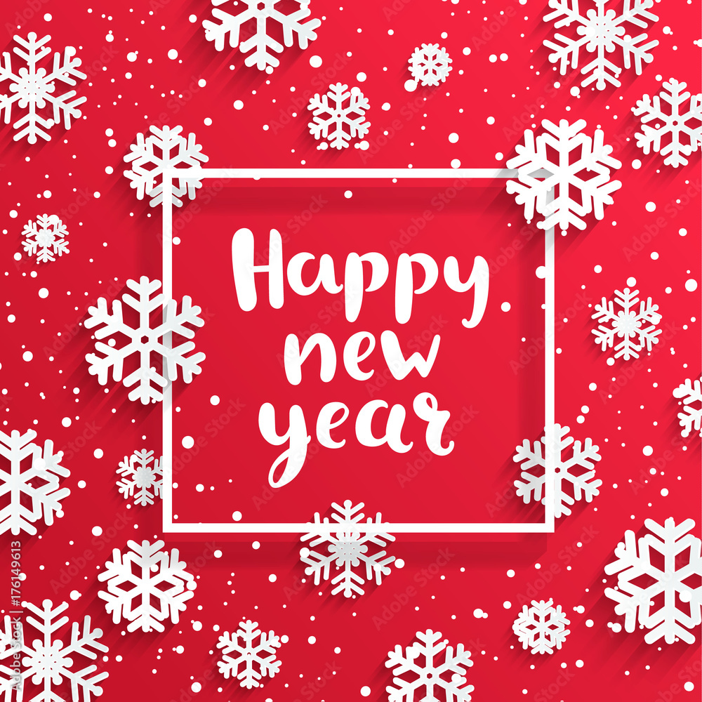 Happy new year card with lettering and snowflakes on red background. Vector illustration banner.
