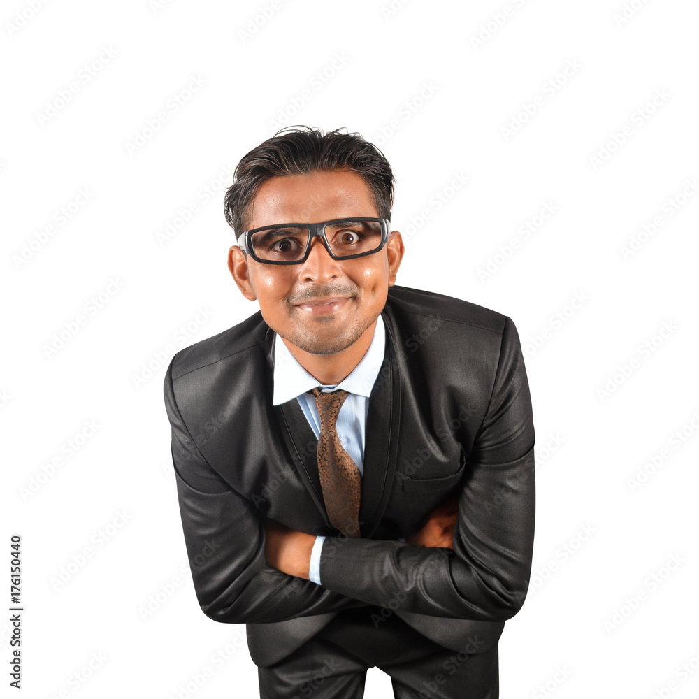 Young businessman in black suit happy expression over white background Young businessman in black suit happy expression over white background