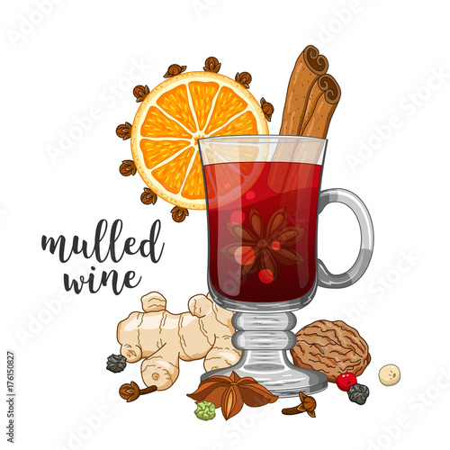 Vector composition on white background with glass of mulled wine, orange, cinnamon, cardamom, anise star, cloves, pepper, ginger, coriander and nut. Beautiful winter christmas colored illustration.