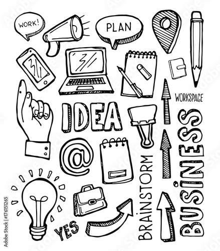 Brainstorm concept. Business and idea flat design. Hand drawn doodle sketch.