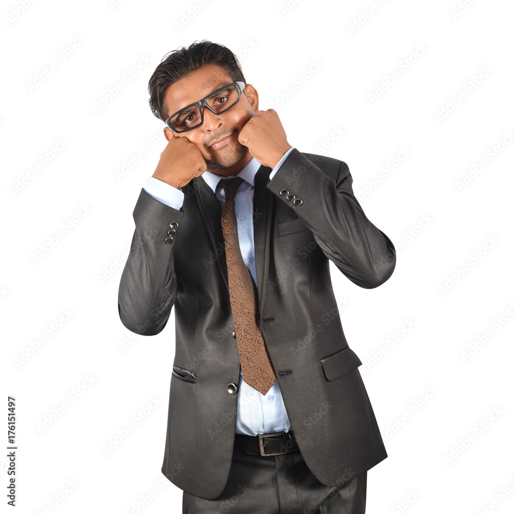 Confused businessman in black suit disagree sign over white background Confused businessman in black suit disagree sign over white background
