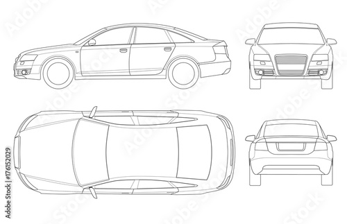 Sedan car in outline. Business sedan vehicle template vector isolated on white. View front, rear, side, top. All elements in groups