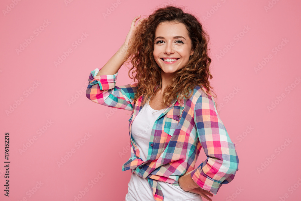 Portrait of happy woman posing isolated over pink Portrait of happy woman posing isolated over pink
