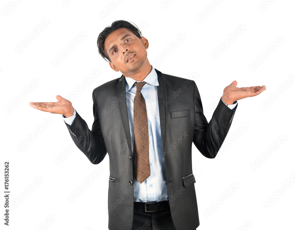 Businessman in black suit funny open hands pose over white background Businessman in black suit funny open hands pose over white background