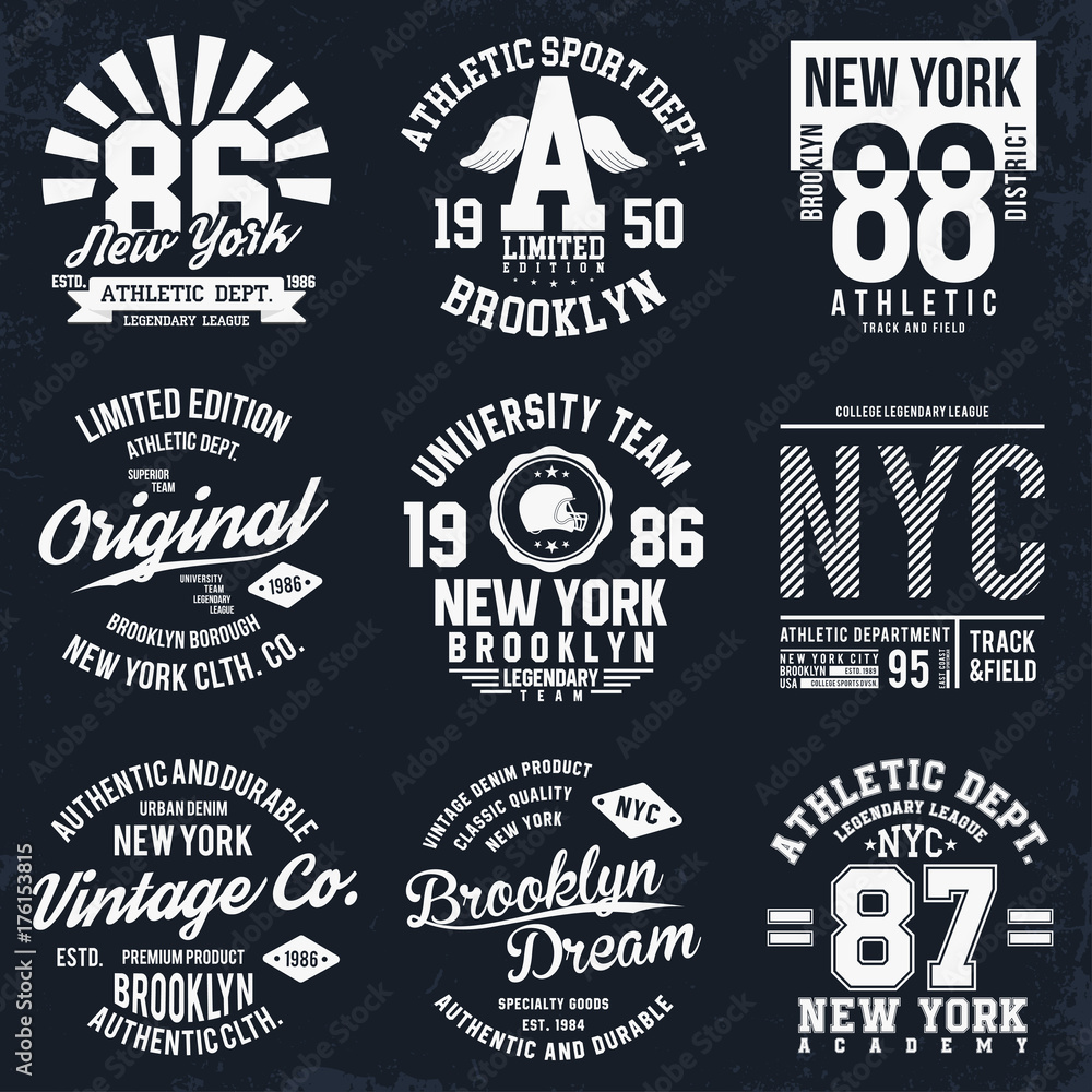 New York, Brooklyn typography, badges set for t-shirt print. Sports, athletic t-shirt patches. T-shirt graphics