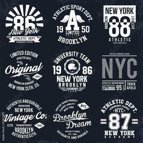 New York, Brooklyn typography, badges set for t-shirt print. Sports, athletic t-shirt patches. T-shirt graphics