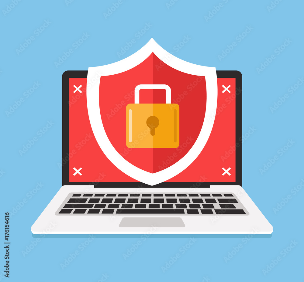 Secured Cartoon Secure laptop locked. Data and privet information protection concept ...