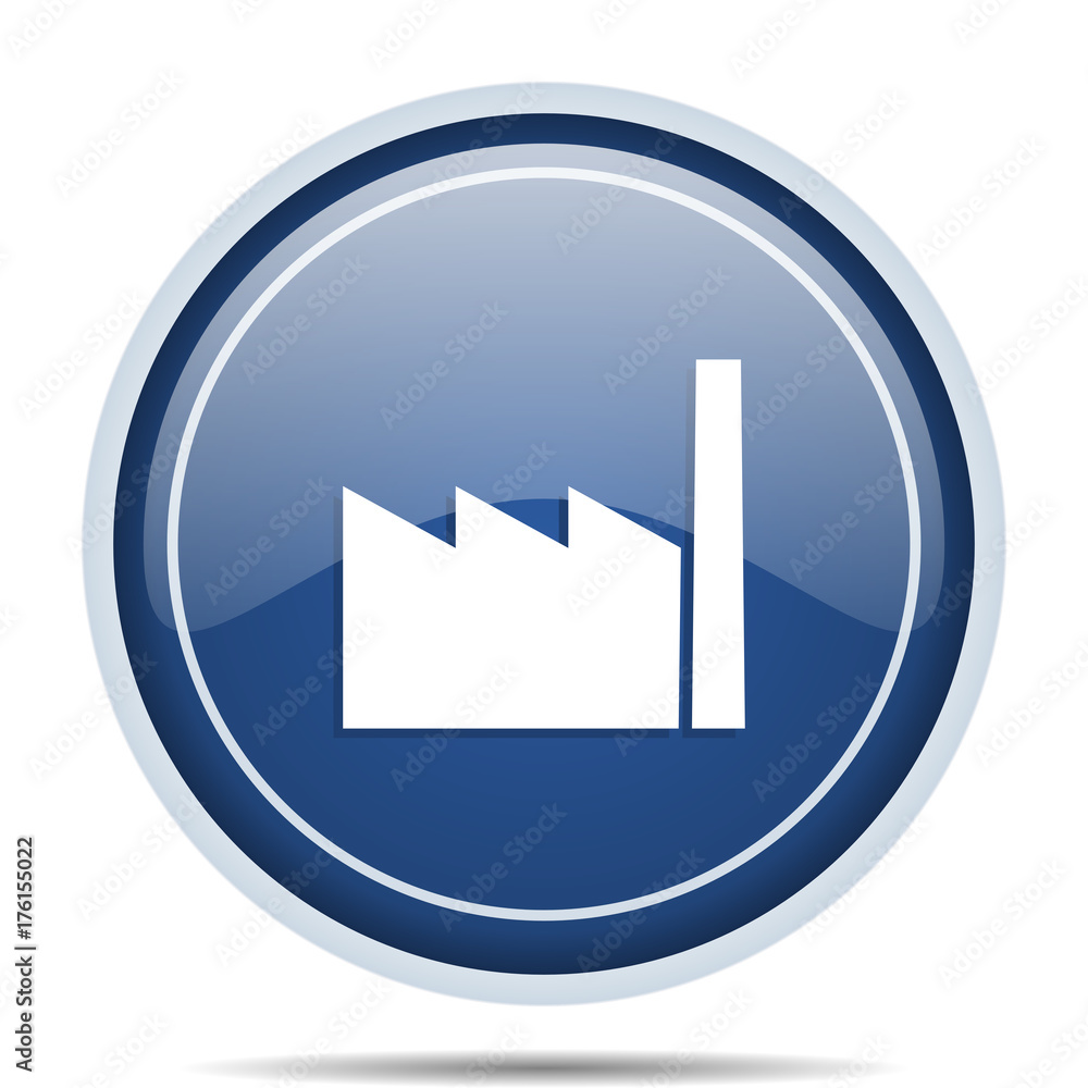 Factory blue round web icon. Circle isolated internet button for webdesign and smartphone applications.