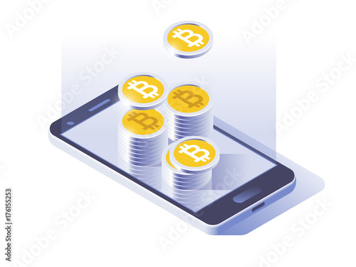 Bitcoin online currency payment and wallet concept. Smart phone screen with money. Vector illustration 3d design.