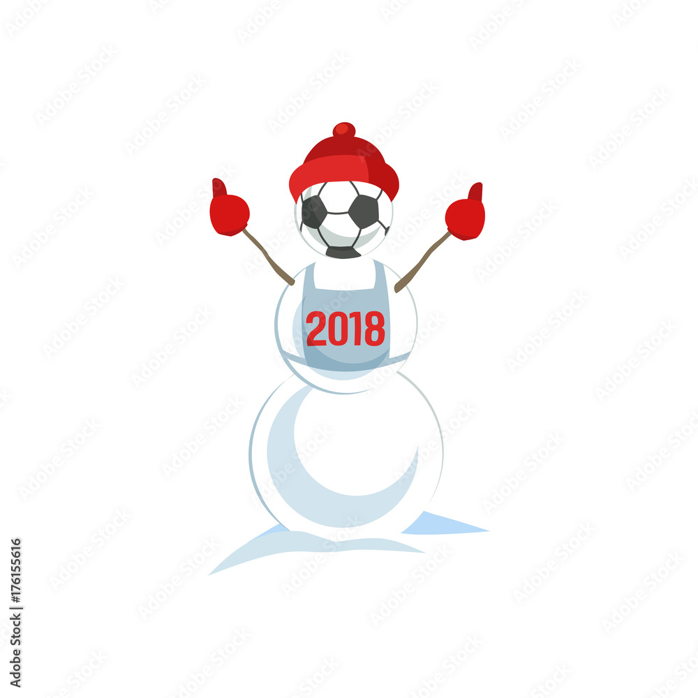 Snowman with soccer ball icon. Freehand drawn colorful cute cartoon man from snow in red hat. Design idea for football match, sport game or template season greeting card for 2018. Vector illustration Snowman with soccer ball icon. Freehand drawn colorful cute cartoon man from snow in red hat. Design idea for football match, sport game or template season greeting card for 2018. Vector illustration
