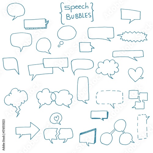 Set of doodle, hand drawn speech bubbles set 