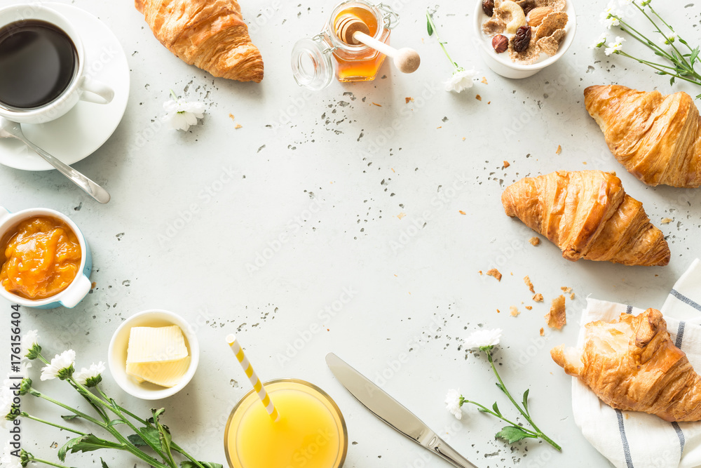 Continental breakfast on stone table from above - flat lay - obrazy, fototapety, plakaty 