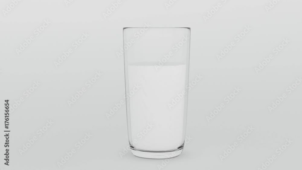 Animated milk pouring into the clear glass on grey background.