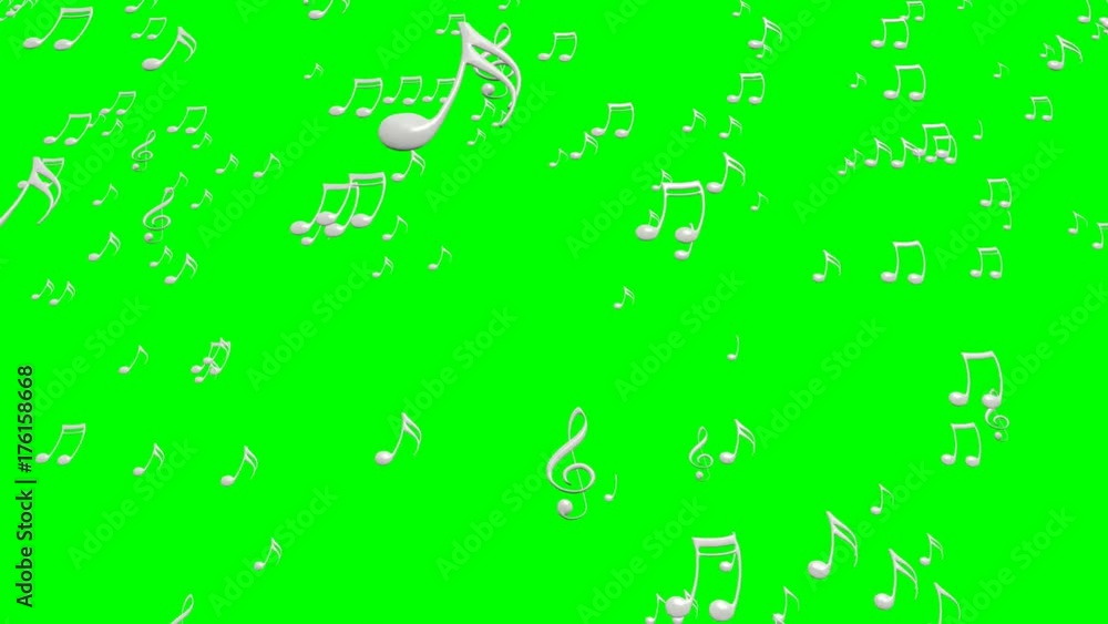 Animated falling white cartoon like 3d music notes against green background Animated falling white cartoon like 3d music notes against green background