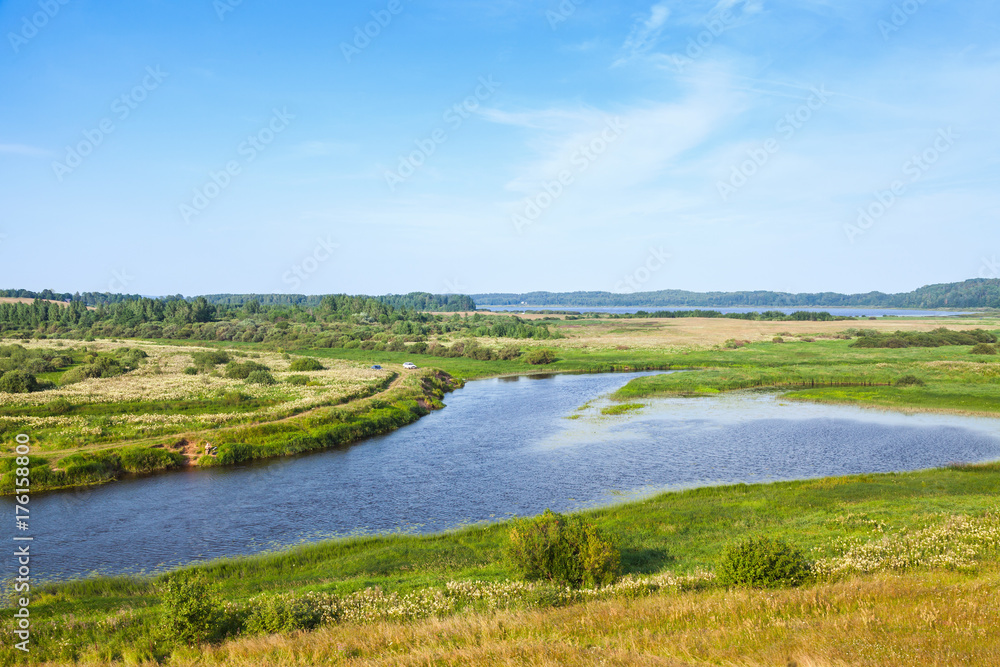 Empty rural Russian landscape. Sorot river