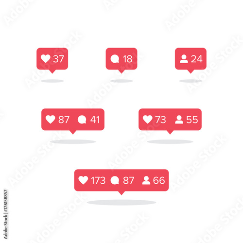 Social media notification set with like, follower and comment reactions. Illustration of social media communication symbols.