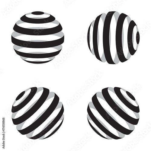 Collection of globe vector set with black stripes. Illustration of a stripped 3d style abstract geometric set isolated on white background.