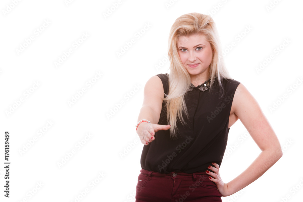 Woman with open hand ready for handshake Woman with open hand ready for handshake