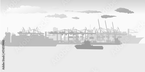 sea port with large port cranes and large ocean-going cargo ships