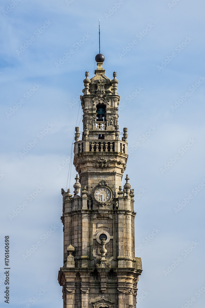 Clerigos Tower (architect Nicolau Nasoni, 1763), part of Clerigos Church, is one of paradigmatic architectural landmarks of Porto, 76 meters high. Portugal.