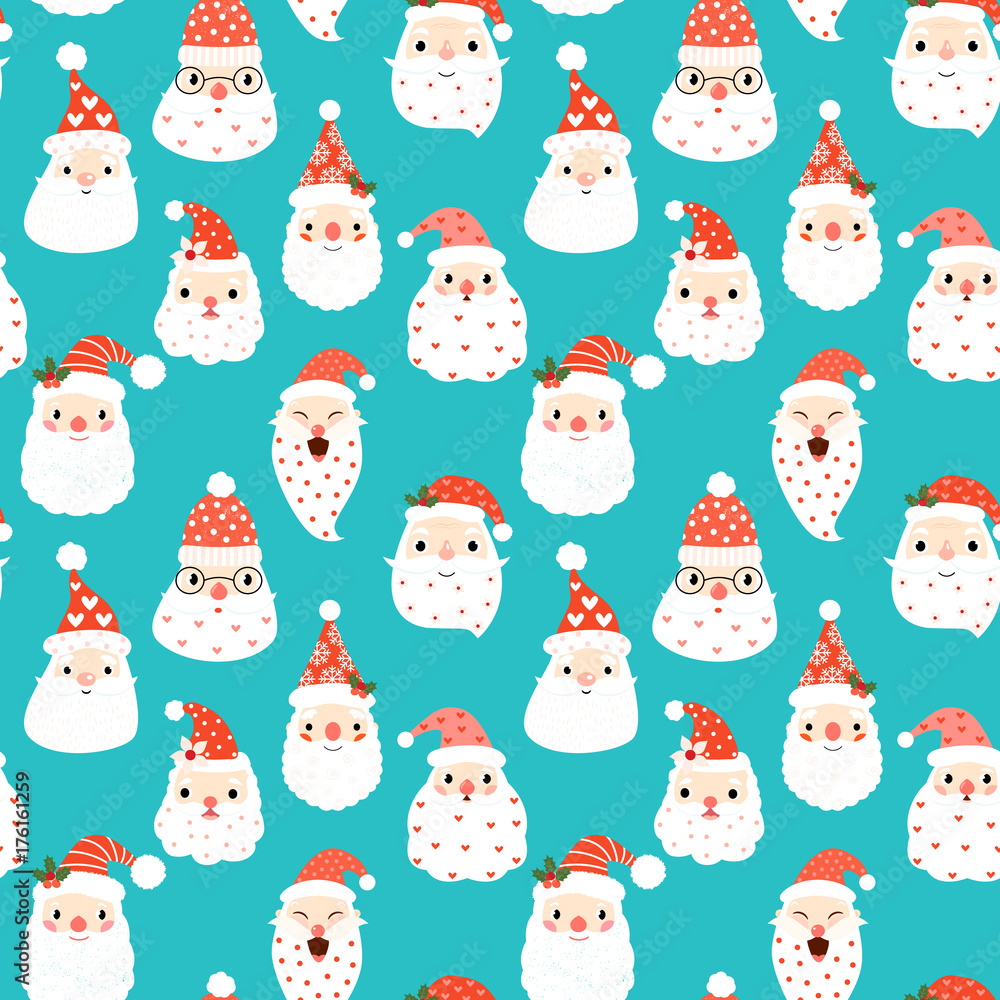 Cute seamless pattern with hipster Santa heads on blue background for Christmas and New Year designs and packaging Cute seamless pattern with hipster Santa heads on blue background for Christmas and New Year designs and packaging