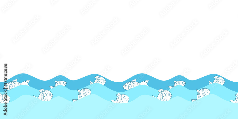Cute seamless border pattern with sea waves and cartoon fish for