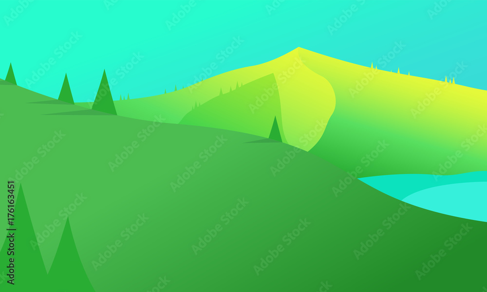 Obraz premium Summer mountain scenery with pine trees and hills.