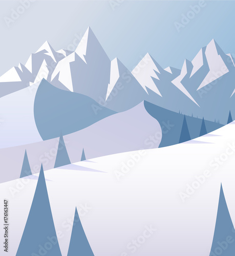 Winter mountain scenery with pine trees and snowy hills.