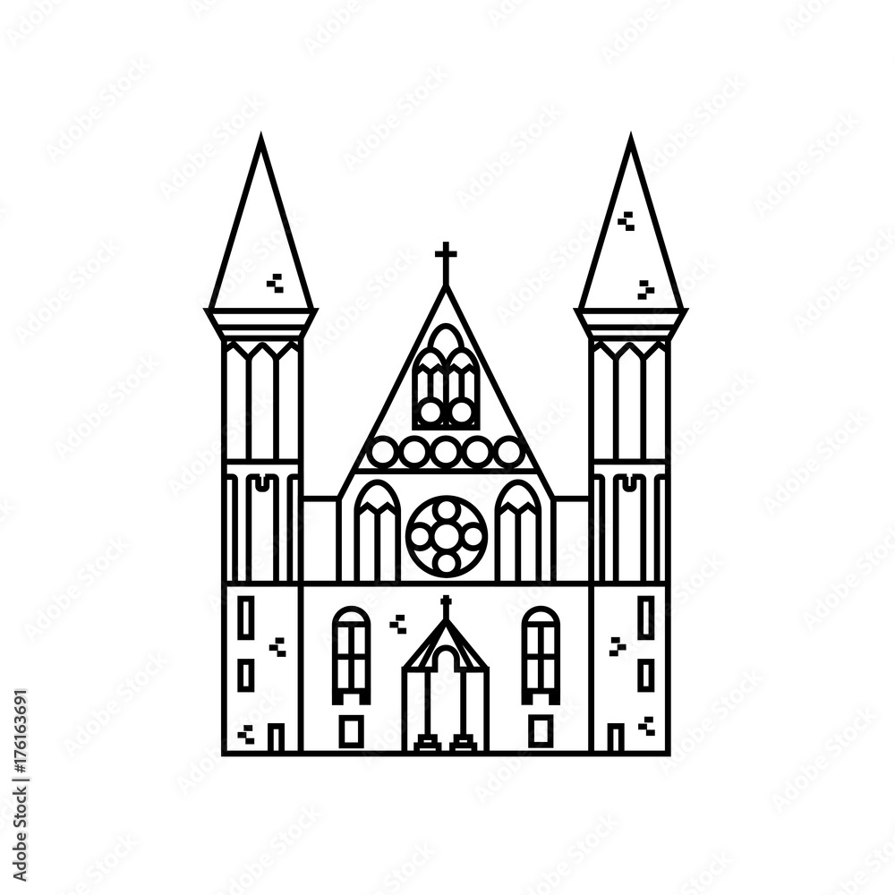 Gothic church flat line icon on isolated background. Vector outline illustration of chapel with stained glass windows.