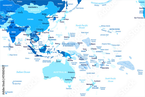 East Asia and Oceania Map - Vector Illustration