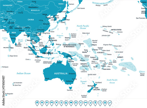 East Asia and Oceania Map - Vector Illustration