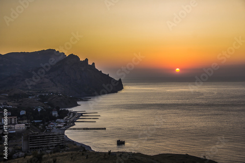 landscape of a famous rock formations, bays near the extinct volcano Karadag Mountain in KaraDag reserve in north-east Crimea, Black sea