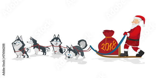 Dogs sled team and santa with chrismas red bag