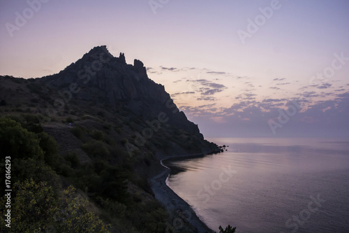 landscape of a famous rock formations, bays near the extinct volcano Karadag Mountain in KaraDag reserve in north-east Crimea, Black sea