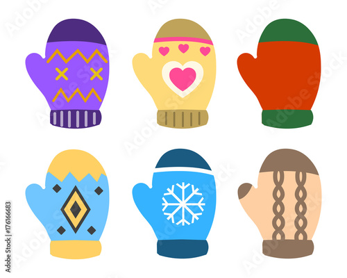 Collection of color mittens with bright geometric ornament. Flat design Vector Illustration EPS