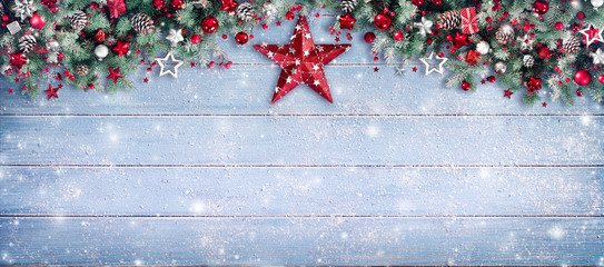 Christmas Border - Fir Branches And Ornament On Snowy Plank