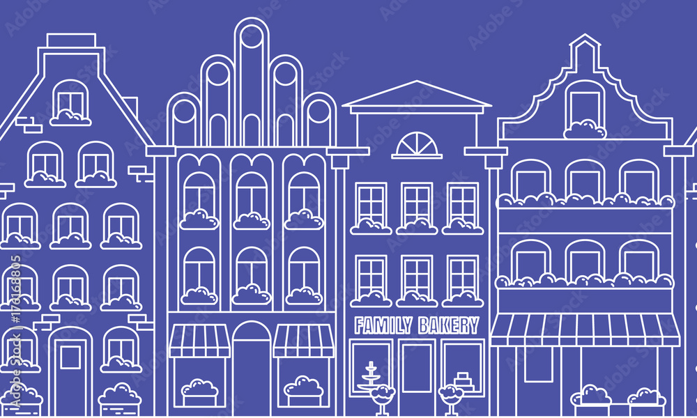 City landscape border seamless pattern with apartment houses. Line art vector illustration.