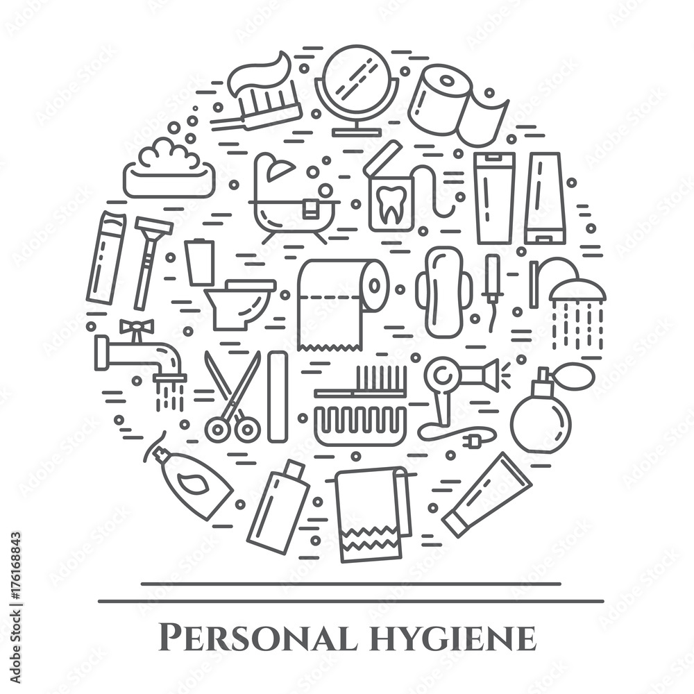 Personal hygiene line banner. Set of elements of shower, soap, bathroom, toilet, toothbrush and other cleaning pictograms. Concept for website, card, infographic, advertise.