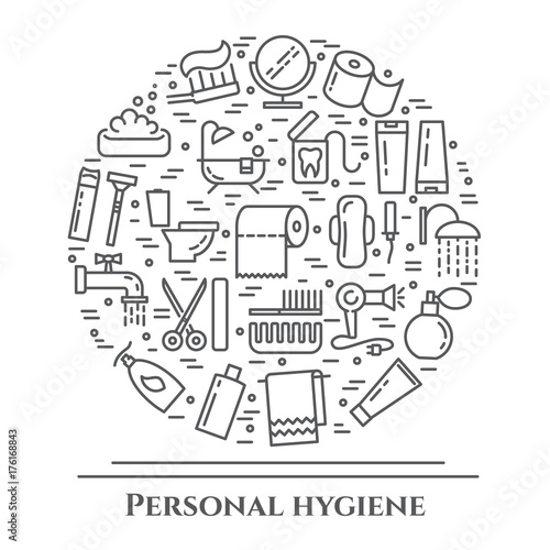 Personal hygiene line banner. Set of elements of shower, soap, bathroom, toilet, toothbrush and other cleaning pictograms. Concept for website, card, infographic, advertise.