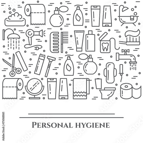 Personal hygiene line banner. Set of elements of shower, soap, bathroom, toilet, toothbrush and other cleaning pictograms. Concept for website, card, infographic, advertise.