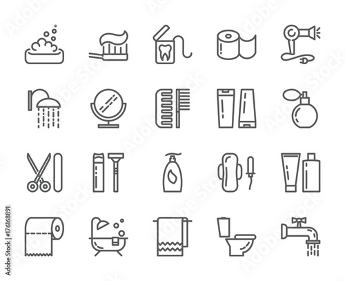 Personal hygiene pixel perfect line icons. Set of elements of shower, soap, bathroom, toilet, toothbrush and other cleaning pictograms. Vector illustration