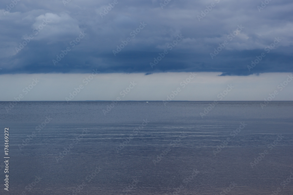 White Boat Blue Horizon Lake Ladoga Karelia Russia Cloud Heavy Sky
