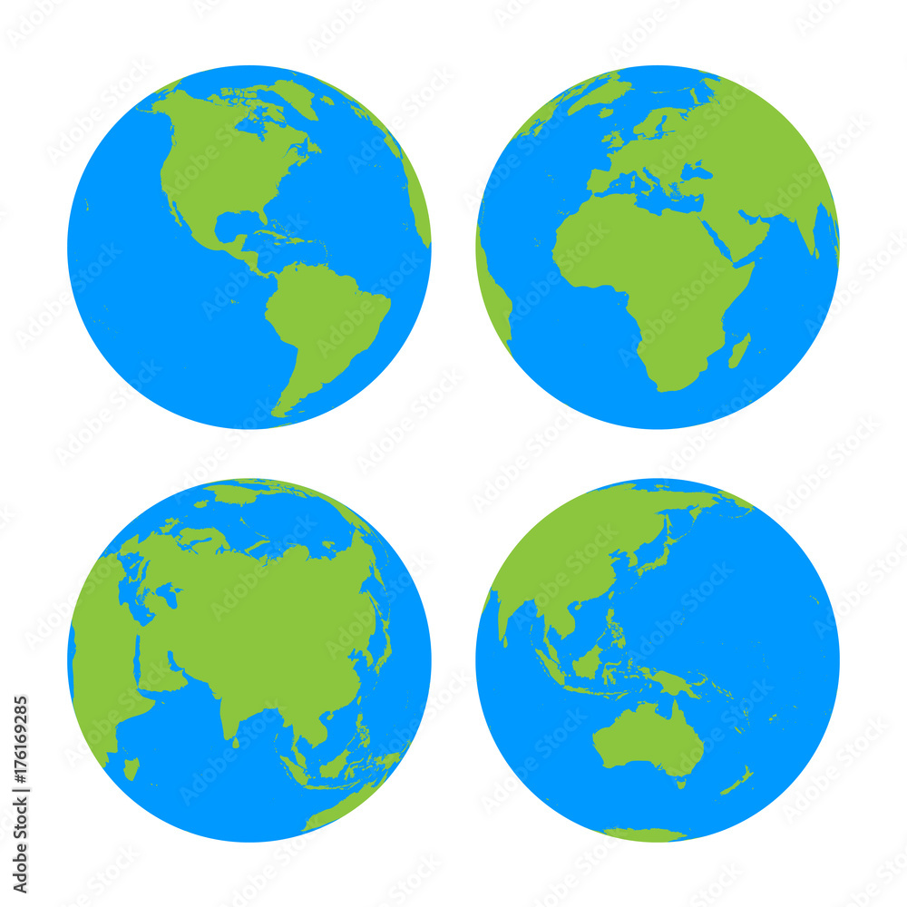 Set of four planet Earth globes with green land silhouette map on blue water background. Simple flat vector illustration.