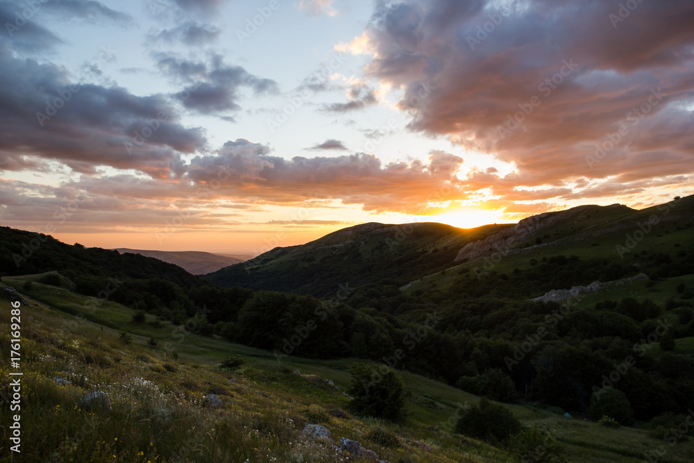 Deep Golden Sunset Crimean Peninsula Flower Hills Summer Landscape