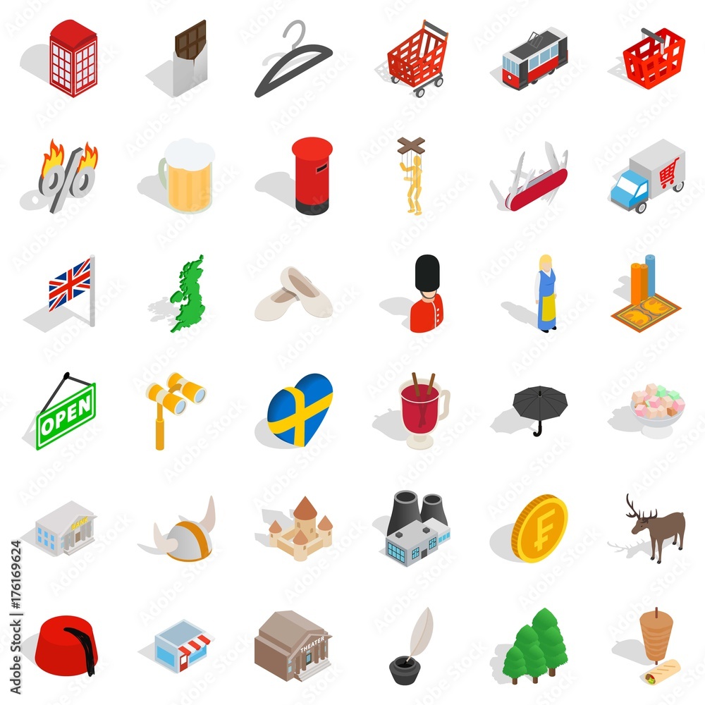 Europe castle icons set, isometric style