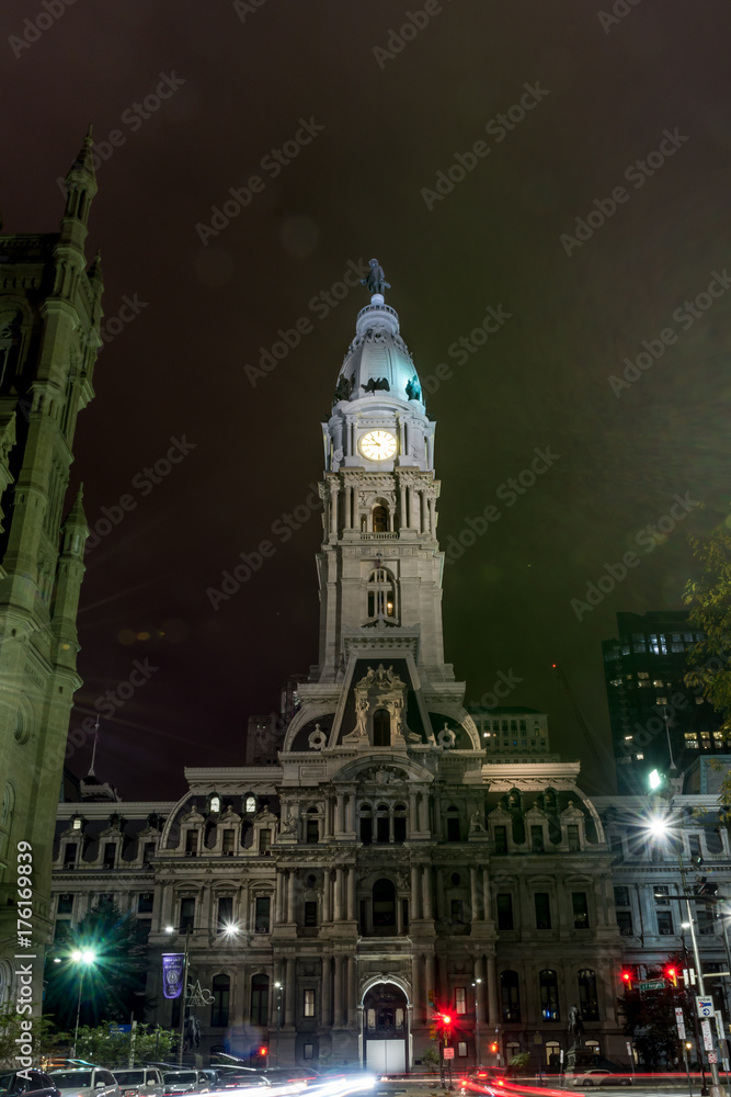 Philadelphia City Hall at Night with Cars Turning Down Broad Street