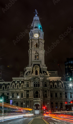 Philadelphia City Hall at Night with Cars Turning Down Broad Street