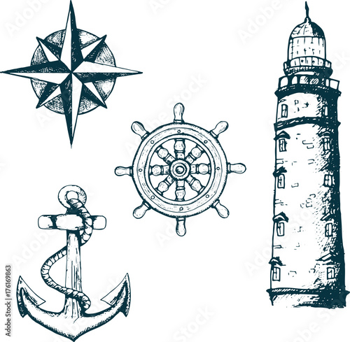 Set sea adventure. Anchor, wheel, sailing ship, compass rose, shell, crab, lighthouse isolated on white background. Vector vintage engraving illustration. For poster yacht club.