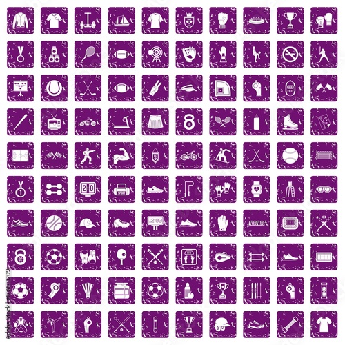 100 athlete icons set grunge purple